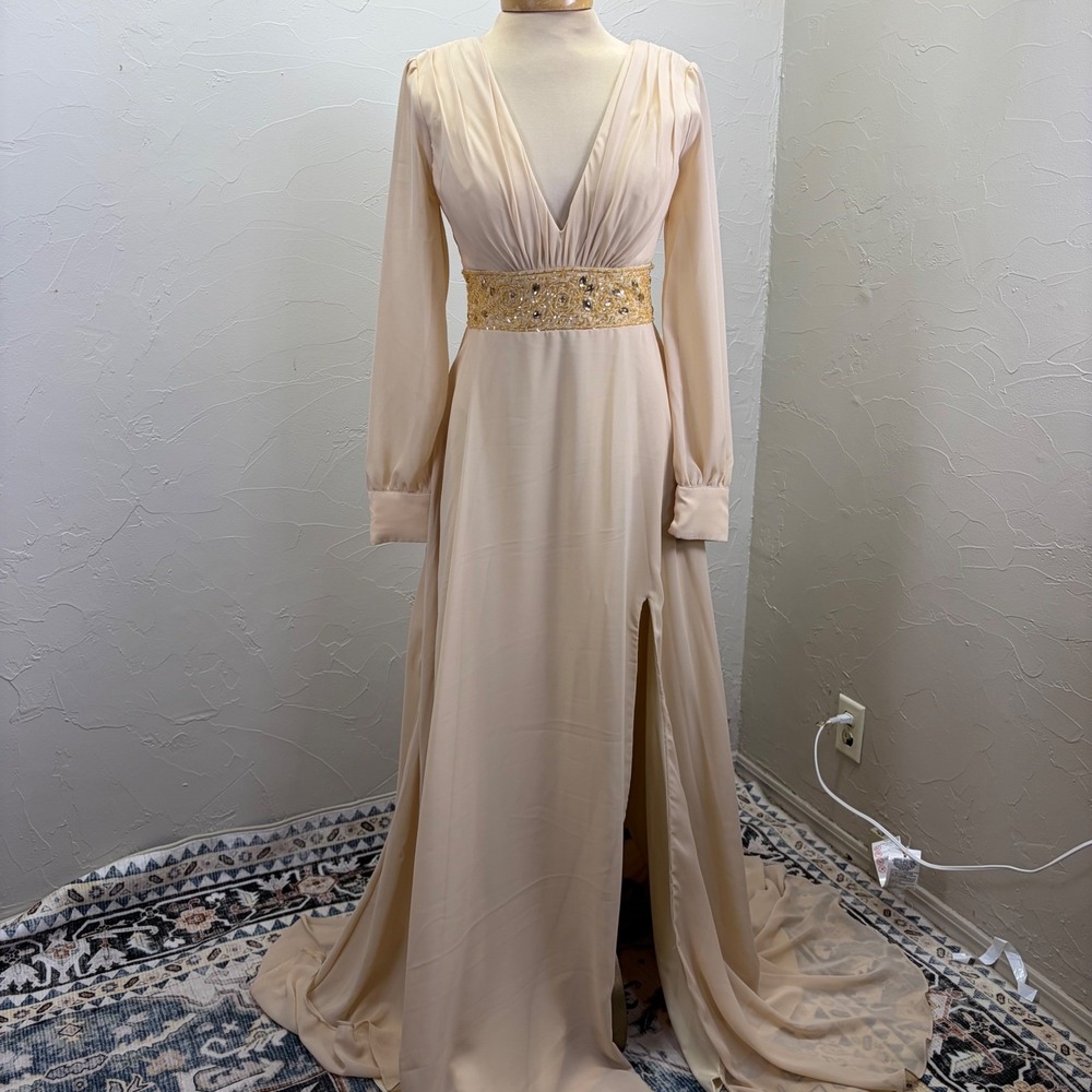 Elegant Formal Gown Beaded Empire Waist Long Sleeve Slit S Regency 70's - Picture 1 of 10